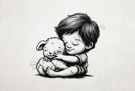 Small lamb hugged by sitting little girl , outline art