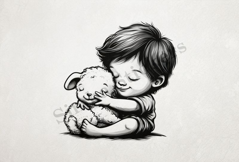 Small lamb hugged by sitting little girl , outline art