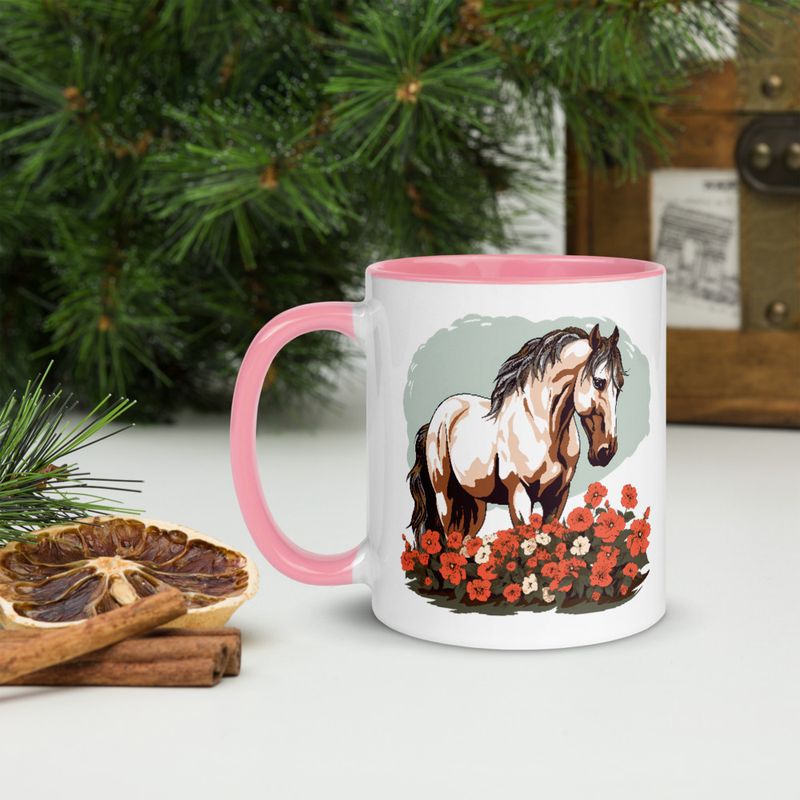 White Ceramic Mug with Color Inside, 11&amp;15oz, Brown horse in field of red flowers, n4w2fj