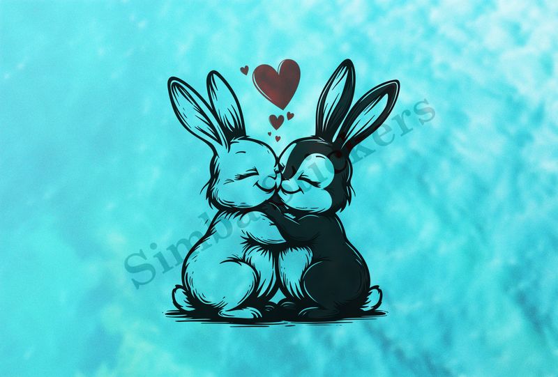 Bunnies in love, nose-to-nose, hearts in air, outline art