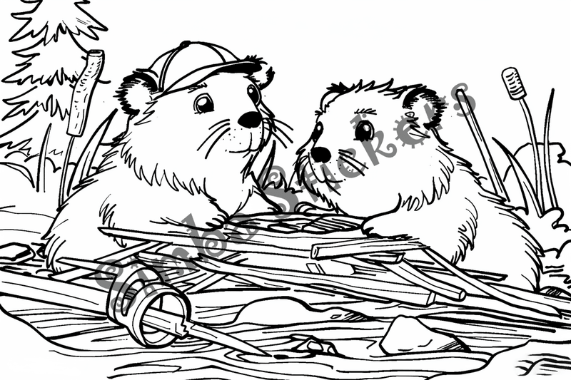Colouring pages, bundle of beavers building in hard hat, 10 images