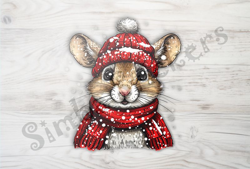 Mouse wearing red winter hat and scarf in the snow