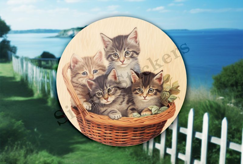 Four kittens in a basket, vintage watercolour