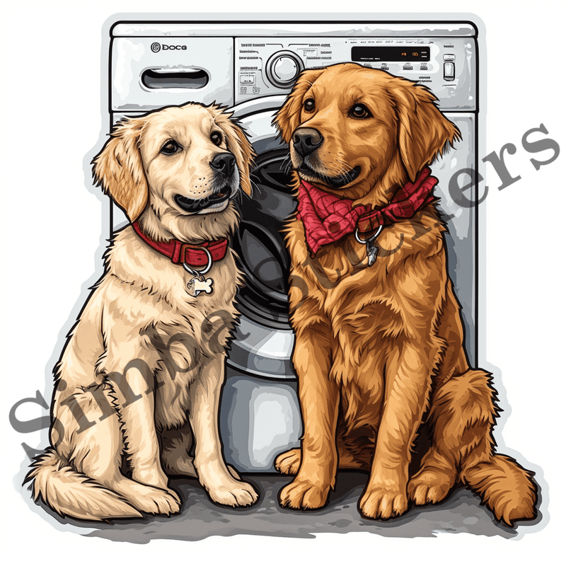 Dogs cuddling by washing machine, image set, 10 images