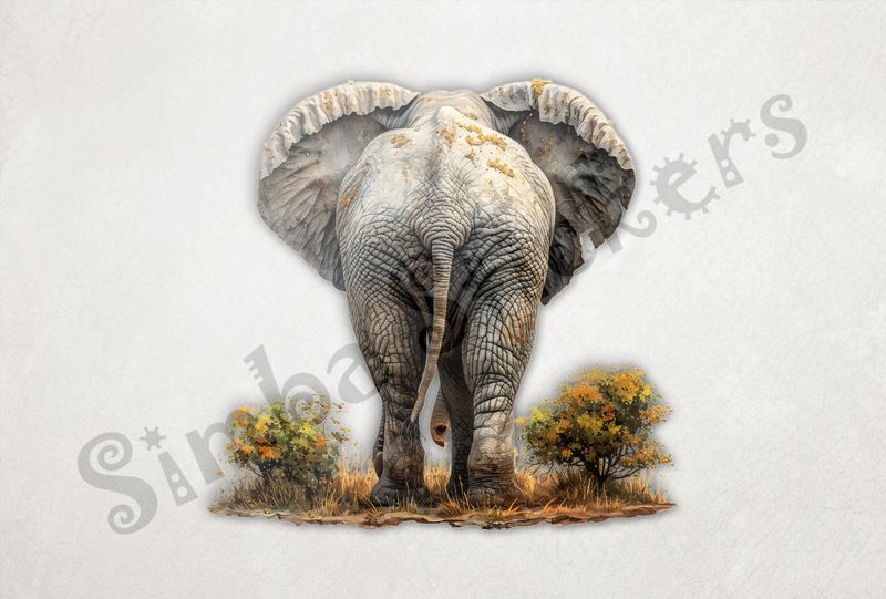 Elephant walking, tail slightly to the left, from behind