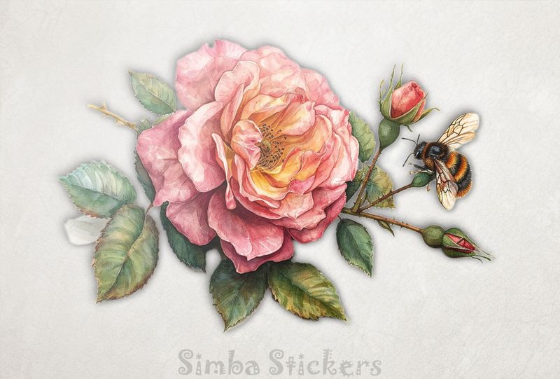 Bee buzzing around a pink rose flower