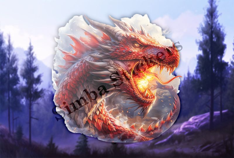 Red dragon, breathing fire in misty background