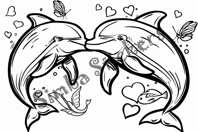 Colouring pages, bundle of dolphins in love, 10 images