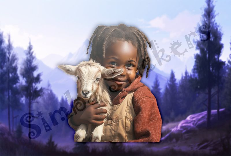 Goat kid in arms of small girl of African origin