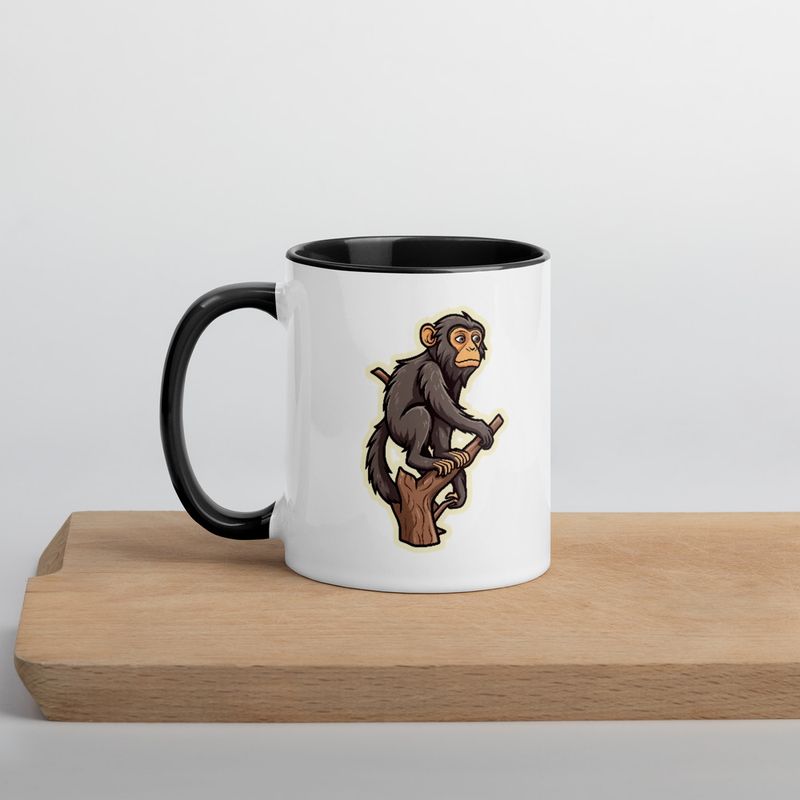 White Ceramic Mug with Color Inside, 11oz &amp; 15oz, Baboon on a tree, looking sad, head-to-head