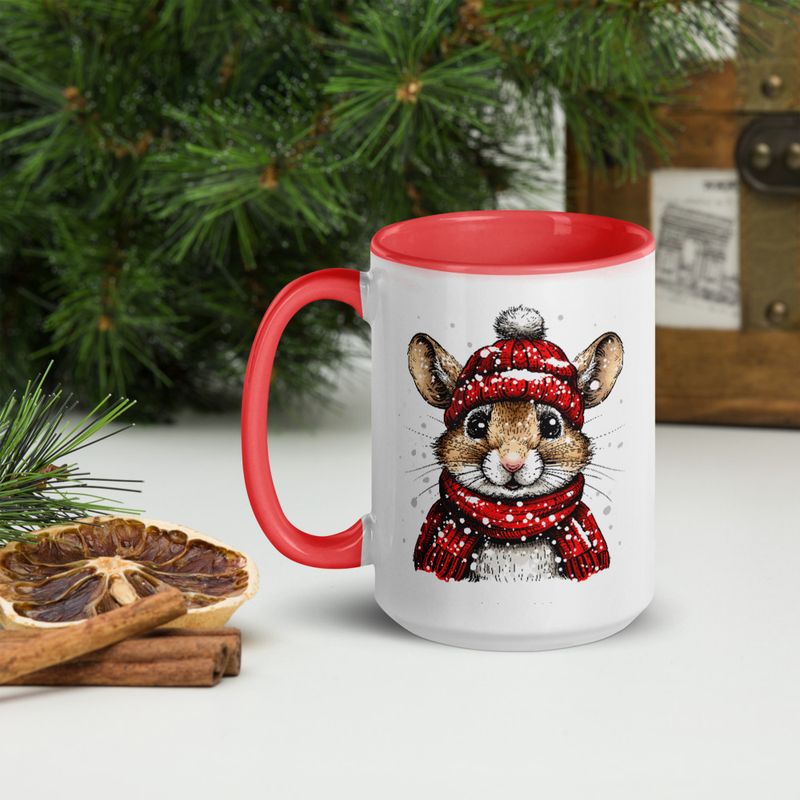 White Ceramic Mug with Color Inside, 11&amp;15oz, Mouse wearing red winter hat and scarf in snow, xg8dl3