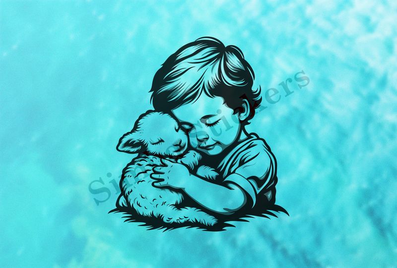 Small lamb cheek-to-cheek with small boy , outline art