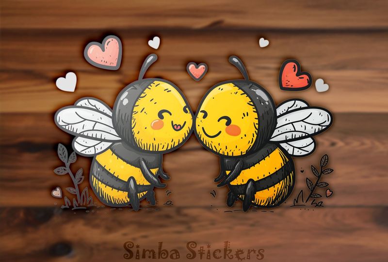 Bees in love cheek-to-cheek, with romantic hearts, watercolour