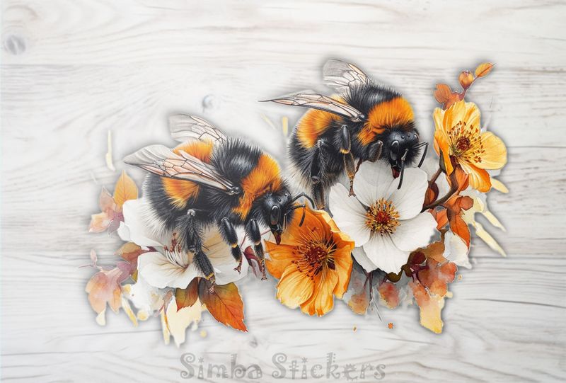 Bees over multi-coloured flowers, watercolour