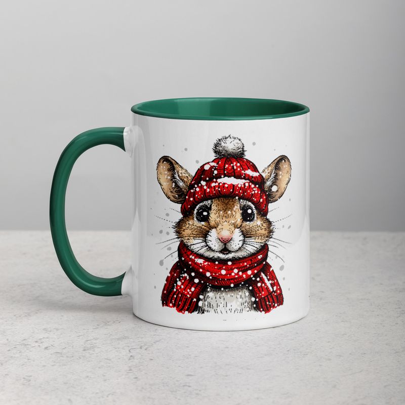 White Ceramic Mug with Color Inside, 11&amp;15oz, Mouse wearing red winter hat and scarf in snow, xg8dl3
