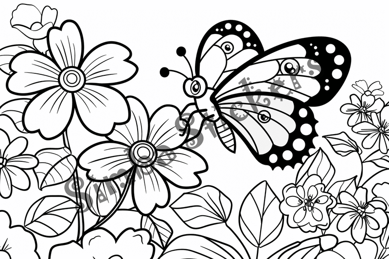 Colouring pages, bundle of butterflies over flowers, 10 images