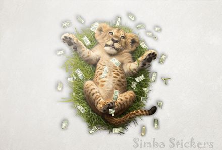 Simba Lion cub lying down surrounded by money in the air