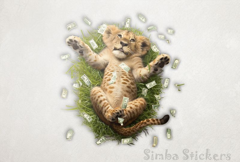 Simba Lion cub lying down surrounded by money in the air