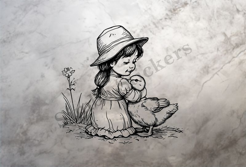 Duck embraced by small girl wearing cute hat, outline art
