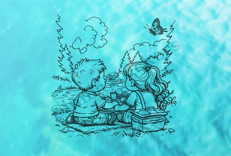 Boy and girl  having a picnic by the river bank, outline art