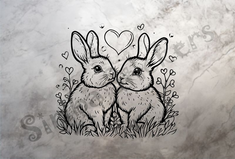 Hares in love, Valentine&#x27;s heart above, outline art