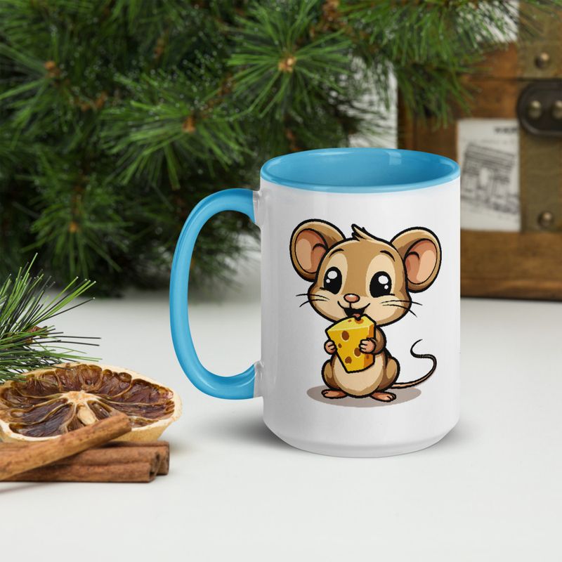 White Ceramic Mug with Color Inside,11&amp;15oz,Small Mouse happily licking large chunk of cheese,pqapy6