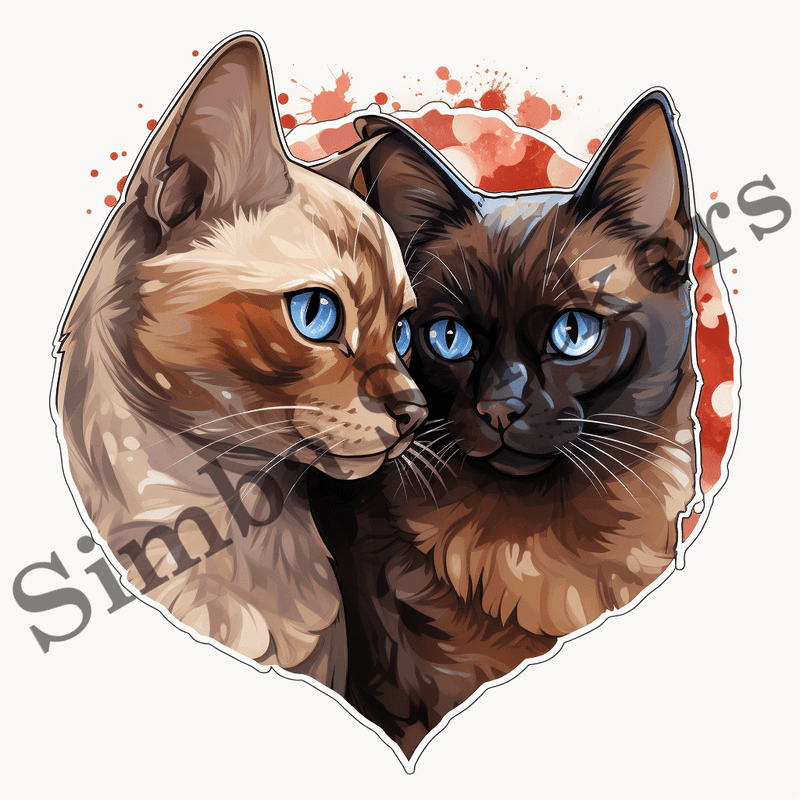 Tonkinese cats in love, watercolour, image set, 10 images