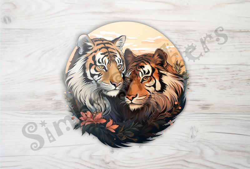 Tigers in love in dark leaves