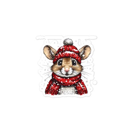 Sticker 3x3, Mouse wearing red winter hat and scarf in the snow, xg8dl3