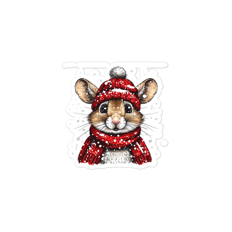 Sticker 3x3, Mouse wearing red winter hat and scarf in the snow, xg8dl3