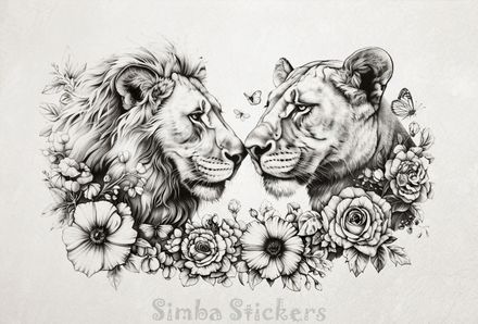 Male with lioness among flowers, outline art, nqgi2b