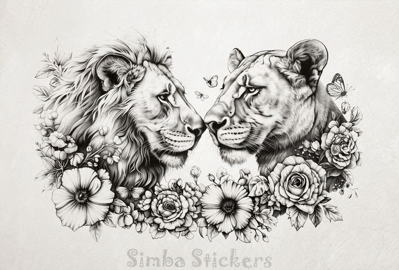 Male with lioness among flowers, outline art, nqgi2b
