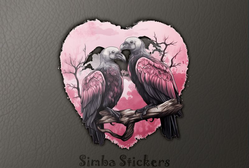 Vultures in love perching within Valentine&#x27;s heart frame, hxjncd