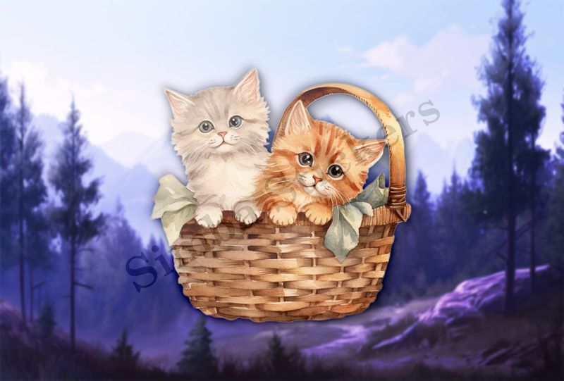 Two kittens in a leafy basket, vintage watercolour