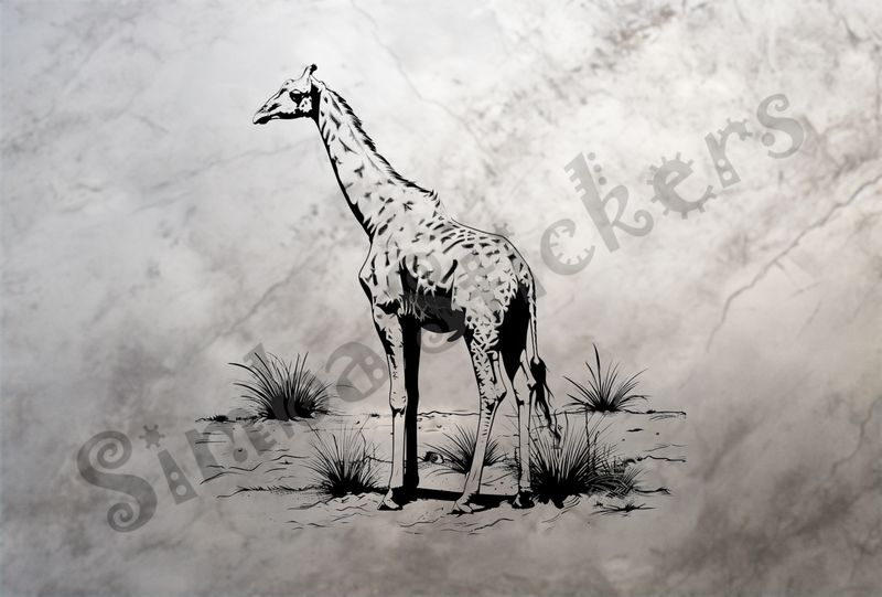 Giraffe standing in shrubs, outline art