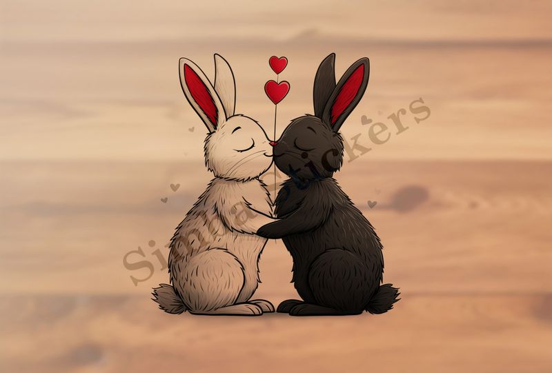 Bunnies in love, nose-to-nose, one black, one white, outline art