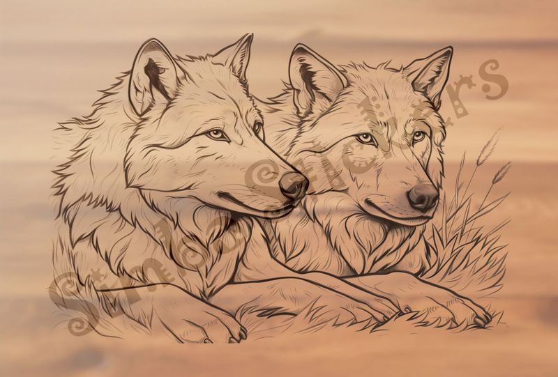 Wolves sitting in the grass, outline art
