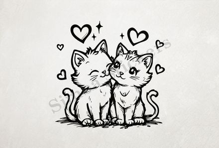 Cat kittens cheek-to-cheek, romantic, outline art