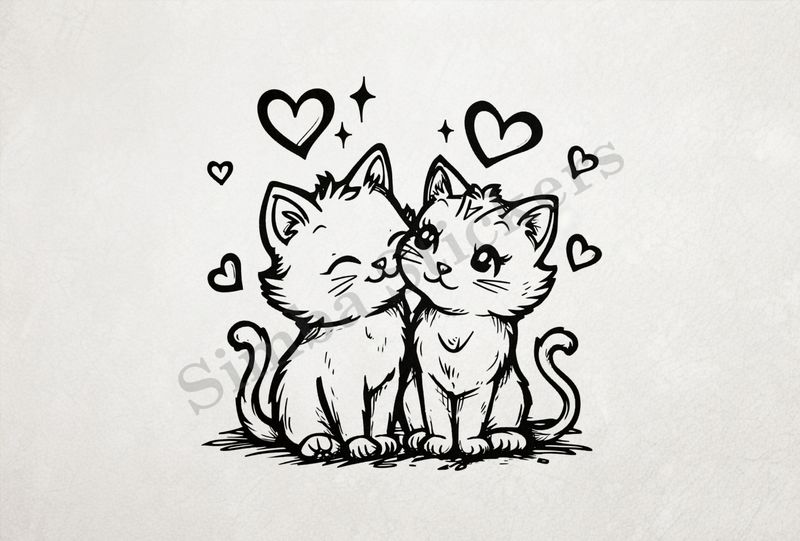 Cat kittens cheek-to-cheek, romantic, outline art