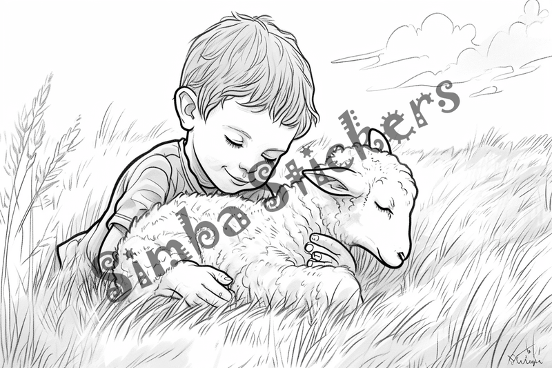 Colouring pages, bundle of sheep snugglig with child, 10 images