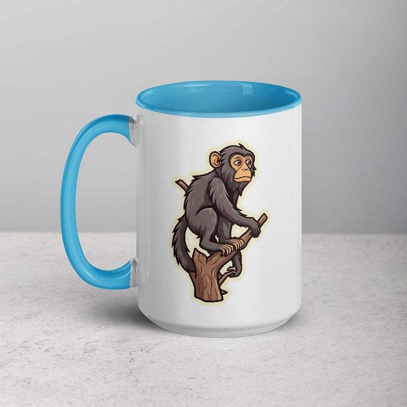 White Ceramic Mug with Color Inside, 11oz &amp; 15oz, Baboon on a tree, looking sad, head-to-head