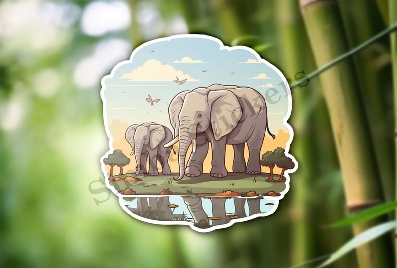 Two elephants at a pond in the Savanna
