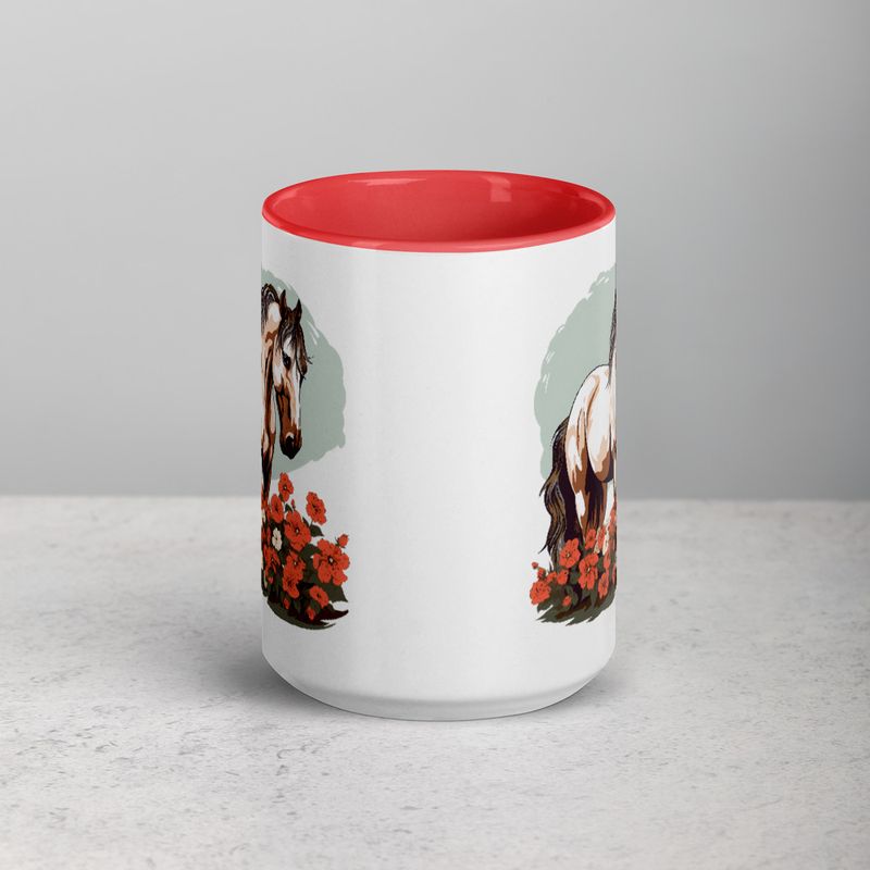White Ceramic Mug with Color Inside, 11&amp;15oz, Brown horse in field of red flowers, n4w2fj