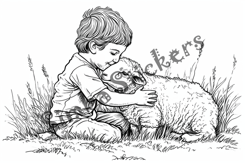 Colouring pages, bundle of sheep snugglig with child, 10 images