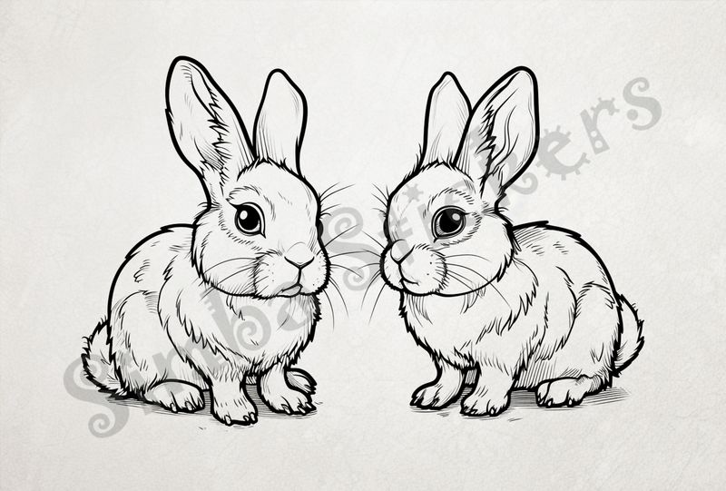 Hares looking cute, outline art