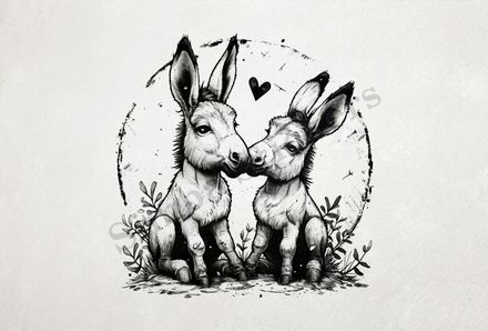 Donkeys in love, nose-to-nose, sitting, outline art