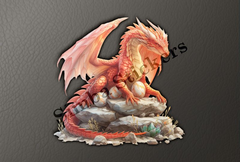 Red dragon brooding. extending arms over her eggs, watercolour