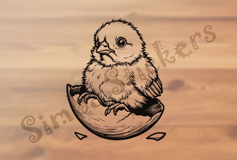 Chick sitting on egg shell after hatching, outline art