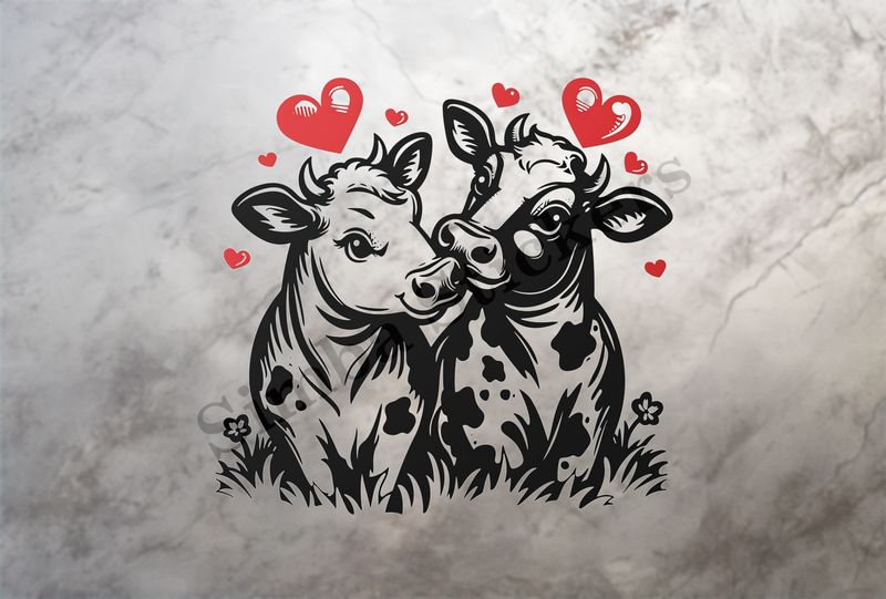 Bull and cow in love, hearts in picture, outline art
