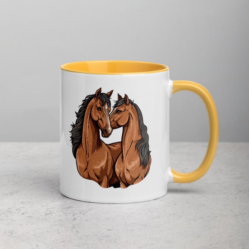 White Ceramic Mug with Color Inside, 11&amp;15oz, Two brown horses snuggling, tdwcyd